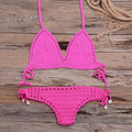 Solid Crochet Bikini Two Pieces Set Halter Bra Push Up Tie Top Thong bikini Suit Summer Swimsuit Beach Bathing Suit, iBuyXi.com