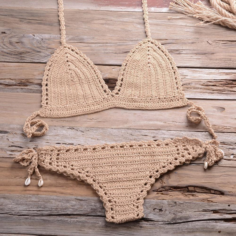 Solid Crochet Bikini Two Pieces Set Halter Bra Push Up Tie Top Thong bikini Suit Summer Swimsuit Beach Bathing Suit, iBuyXi.com
