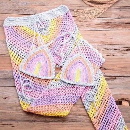 Colorful Crochet Top Pant Set Cover-up Sexy Tassel Beach See Through Wide Leg Pants Sea Trouser Bottoms Suit, iBuyXi.com, crochet bikini