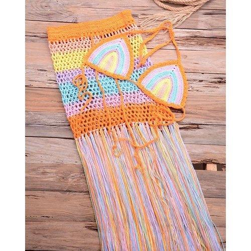 Rainbow Crochet Knitted Beach Dress With Long Tassel Skirts Comes In Two Piece Bikini Set Swimwear Cover-Up. - ibuyxi.com