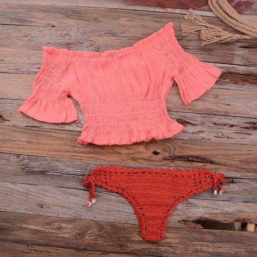 Two Piece Ruffled Bikini Cover Up With Off-Shoulder Swimsuit Ideal for Swimming Pool Party and Beach. - ibuyxi.com