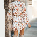Ruffled Vintage Printed Irregular Dress For Autumn Season And Comes With Lantern Sleeve, Looks Elegant With Chiffon Lace-up. - ibuyxi.com