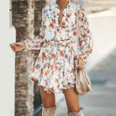 Ruffled Vintage Printed Irregular Dress For Autumn Season And Comes With Lantern Sleeve, Looks Elegant With Chiffon Lace-up. - ibuyxi.com