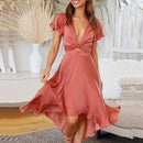 Solid Ruffles Deep V-Neck High Waist Maxi Dress,Maxi Irregular Dresses, Plus Size Beading,  Spring Dress Beading Pleated Elegant Party Dress Belted Loose Oversized Plus Size Women Clothing ,iBuyXi.com