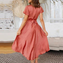 Solid Ruffles Deep V-Neck High Waist Maxi Dress,Maxi Irregular Dresses, Plus Size Beading,  Spring Dress Beading Pleated Elegant Party Dress Belted Loose Oversized Plus Size Women Clothing ,iBuyXi.com