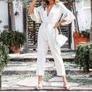 Ruffles Half Sleeves ,V-neck Drawstring Solid Loose Jumpsuit, Oblong neck, Solid color, High waist, Back button closure, Long Pants Jumpsuits Romper with Belt. Women trendy elegant style and wide leg ,Casual jumpsuit with ruffles sleeves, long romper, short sleeve pantsuit with belts, crew neck pant suits, cocktail jumpsuit, long pants, iBuyXi.com