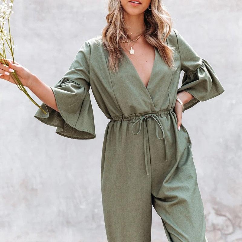 Ruffles Half Sleeves V-Neck Drawstring Solid Loose Jumpsuit