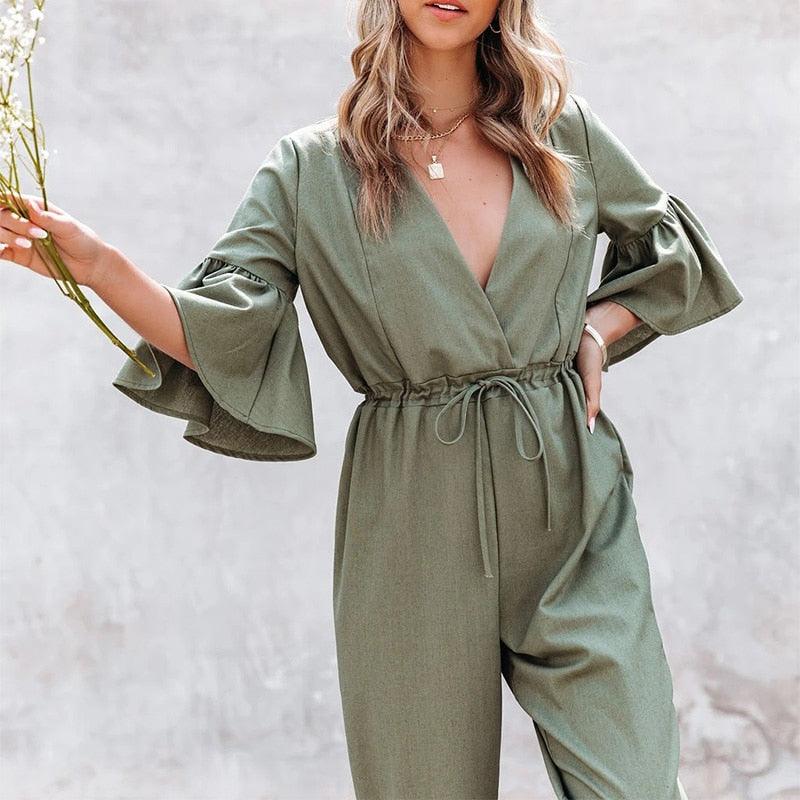 Ruffles Half Sleeves ,V-neck Drawstring Solid Loose Jumpsuit, Oblong neck, Solid color, High waist, Back button closure, Long Pants Jumpsuits Romper with Belt. Women trendy elegant style and wide leg ,Casual jumpsuit with ruffles sleeves, long romper, short sleeve pantsuit with belts, crew neck pant suits, cocktail jumpsuit, long pants, iBuyXi.com