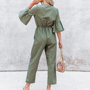 Ruffles Half Sleeves ,V-neck Drawstring Solid Loose Jumpsuit, Oblong neck, Solid color, High waist, Back button closure, Long Pants Jumpsuits Romper with Belt. Women trendy elegant style and wide leg ,Casual jumpsuit with ruffles sleeves, long romper, short sleeve pantsuit with belts, crew neck pant suits, cocktail jumpsuit, long pants, iBuyXi.com