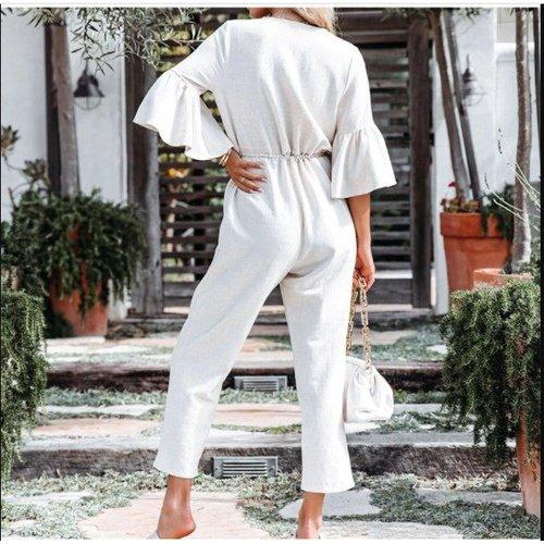 Ruffles Half Sleeves ,V-neck Drawstring Solid Loose Jumpsuit, Oblong neck, Solid color, High waist, Back button closure, Long Pants Jumpsuits Romper with Belt. Women trendy elegant style and wide leg ,Casual jumpsuit with ruffles sleeves, long romper, short sleeve pantsuit with belts, crew neck pant suits, cocktail jumpsuit, long pants, iBuyXi.com