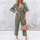 Ruffles Half Sleeves ,V-neck Drawstring Solid Loose Jumpsuit, Oblong neck, Solid color, High waist, Back button closure, Long Pants Jumpsuits Romper with Belt. Women trendy elegant style and wide leg ,Casual jumpsuit with ruffles sleeves, long romper, short sleeve pantsuit with belts, crew neck pant suits, cocktail jumpsuit, long pants, iBuyXi.com