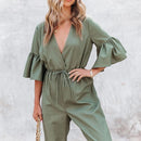 Ruffles Half Sleeves ,V-neck Drawstring Solid Loose Jumpsuit, Oblong neck, Solid color, High waist, Back button closure, Long Pants Jumpsuits Romper with Belt. Women trendy elegant style and wide leg ,Casual jumpsuit with ruffles sleeves, long romper, short sleeve pantsuit with belts, crew neck pant suits, cocktail jumpsuit, long pants, iBuyXi.com