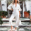 Ruffles Half Sleeves ,V-neck Drawstring Solid Loose Jumpsuit, Oblong neck, Solid color, High waist, Back button closure, Long Pants Jumpsuits Romper with Belt. Women trendy elegant style and wide leg ,Casual jumpsuit with ruffles sleeves, long romper, short sleeve pantsuit with belts, crew neck pant suits, cocktail jumpsuit, long pants, iBuyXi.com