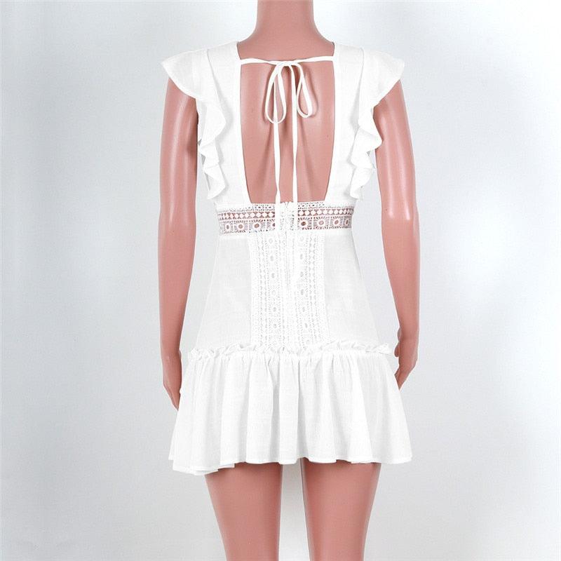 Ruffles Lace Patchwork Dress With New Hollow Out Deep And V Neck Backless Design In White A-Line Party Mini Dress, iBuyXi.com