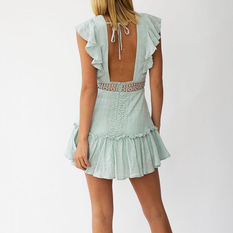 Ruffles Lace Patchwork Dress With New Hollow Out Deep And V Neck Backless Design In White A-Line Party Mini Dress, iBuyXi.com