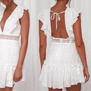 Ruffles Lace Patchwork Dress With New Hollow Out Deep And V Neck Backless Design In White A-Line Party Mini Dress, iBuyXi.com