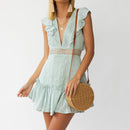 Ruffles Lace Patchwork Dress With New Hollow Out Deep And V Neck Backless Design In White A-Line Party Mini Dress, iBuyXi.com