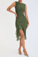 Elegant Ruffle Ruched Backless Sleeveless Irregular Party Midi Dress, iBuyXi.com