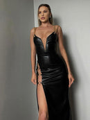 Chain Deep V-Neck High Rise Slit Party Maxi Dress, ibuyxi.com