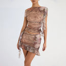 Ruffle Short Sleeve Crop Top Print Two Piece Party Dress Set, iBuyXi.com