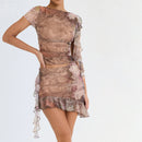 Ruffle Short Sleeve Crop Top Print Two Piece Party Dress Set, iBuyXi.com