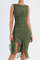 Elegant Ruffle Ruched Backless Sleeveless Irregular Party Midi Dress, iBuyXi.com