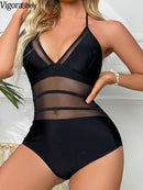 Black Tied Halter Mesh Patchwork Push UP Backless Bathing Suit - view 6