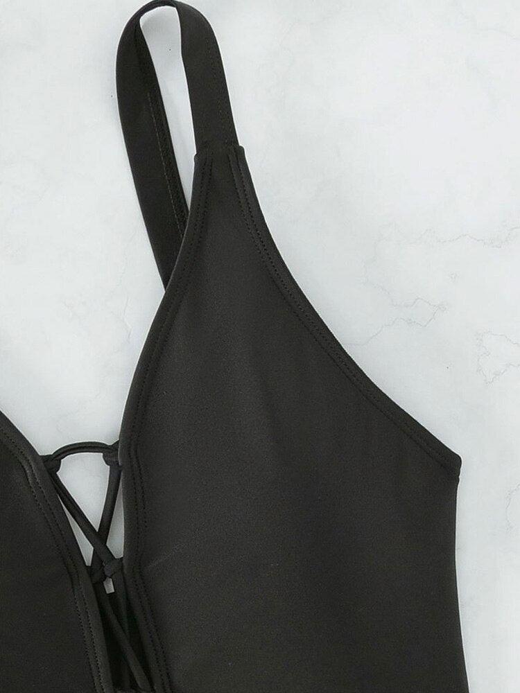 Black Strapped Cross Hollow Backless Bathing Suit, swimsuits, unique swimwear, iBuyXi.com