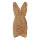 Pleated Irregular Sleeveless Sequins  V-Neck Party Mini Dress, IBUYXI.COM