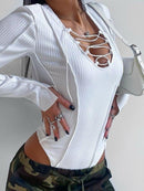 Bandage Tie Front Long Sleeve Ribbed Knit Solid Bodysuit, ibuyxi.com