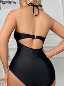 Black Tied Halter Mesh Patchwork Push UP Backless Bathing Suit - view 4