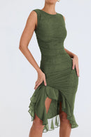 Elegant Ruffle Ruched Backless Sleeveless Irregular Party Midi Dress, ibuyxi.com
