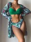 3 Pieces Tropical Printed Push Up Bikini Set, summer outfits, swimsuit set, tankini set, tropical cocktail Hawaii swimwear, iBuyXi.com