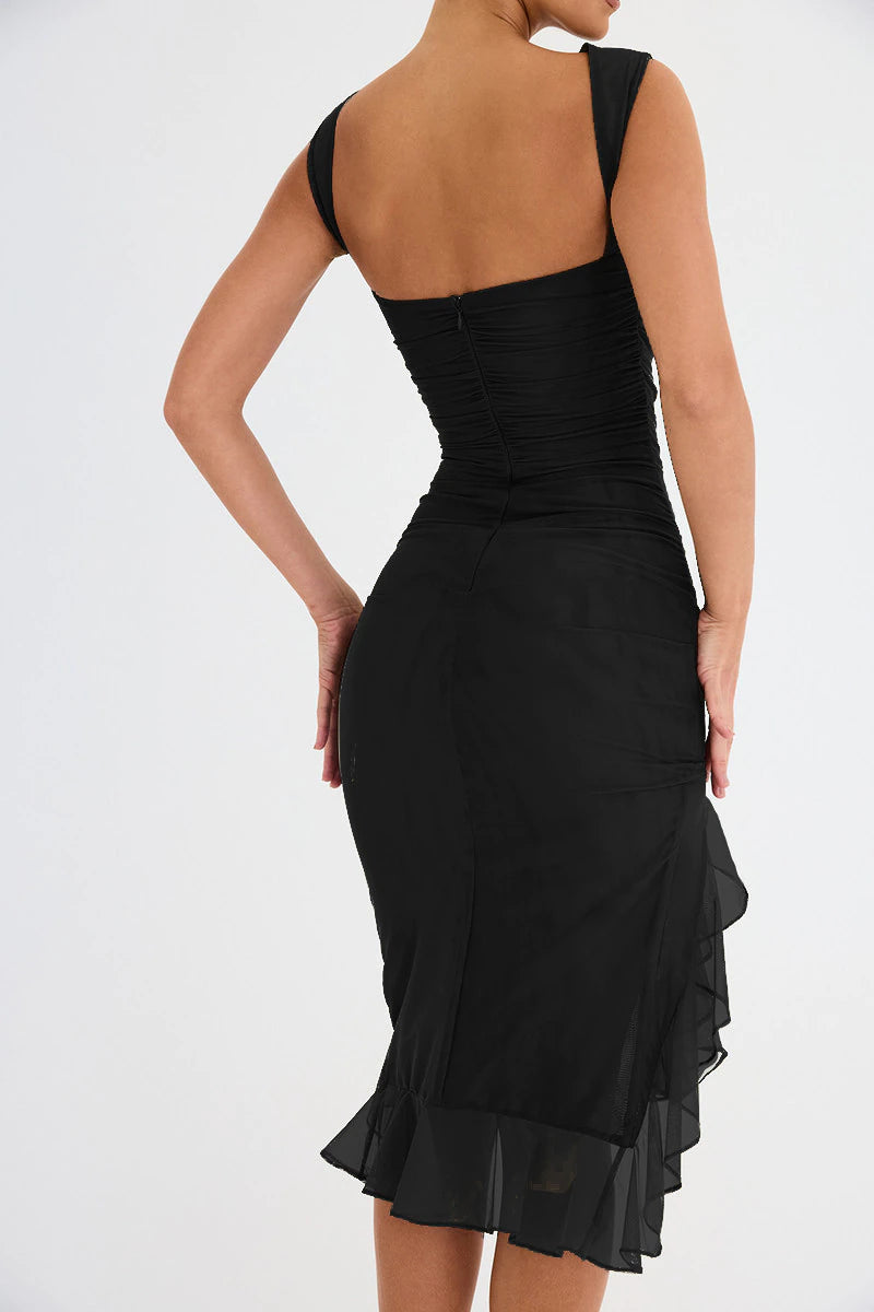 Elegant Ruffle Ruched Backless Sleeveless Irregular Party Midi Dress, iBuyXi.com