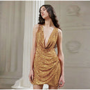 Pleated Irregular Sleeveless Sequins  V-Neck Party Mini Dress, IBUYXI.COM
