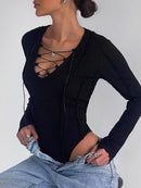 Bandage Tie Front Long Sleeve Ribbed Knit Solid Bodysuit, ibuyxi.com