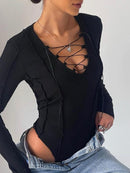 Bandage Tie Front Long Sleeve Ribbed Knit Solid Bodysuit, ibuyxi.com