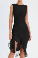 Elegant Ruffle Ruched Backless Sleeveless Irregular Party Midi Dress, iBuyXi.com