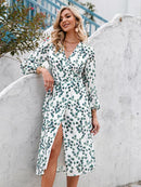Aline Leaf Printed Long-sleeved V-neck Wrap Dress - iBuyXi.com