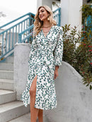 Aline Leaf Printed Long-sleeved V-neck Wrap Dress - iBuyXi.com