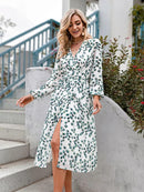 Aline Leaf Printed Long-sleeved V-neck Wrap Dress - iBuyXi.com