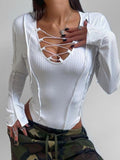Bandage Tie Front Long Sleeve Ribbed Knit Solid Bodysuit, ibuyxi.com