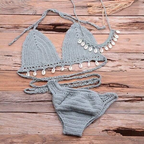 Shell Tassel Crochet Bikini. Visit iBuyXi.com for Online Shopping and Shop the Unique Selection, Women Shell Tassel Crochet Bikini, 2 PCS Set Bra, Top, Seashell Ankle Chain, sexy Thong Hollow-out, High Waist Lace Up Bikini, Swimwear, Summer, Beach.