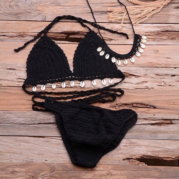 Shell Tassel Crochet Bikini. Visit iBuyXi.com for Online Shopping and Shop the Unique Selection, Women Shell Tassel Crochet Bikini, 2 PCS Set Bra, Top, Seashell Ankle Chain, sexy Thong Hollow-out, High Waist Lace Up Bikini, Swimwear, Summer, Beach.