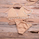 Shell Tassel Crochet Bikini. Visit iBuyXi.com for Online Shopping and Shop the Unique Selection, Women Shell Tassel Crochet Bikini, 2 PCS Set Bra, Top, Seashell Ankle Chain, sexy Thong Hollow-out, High Waist Lace Up Bikini, Swimwear, Summer, Beach.