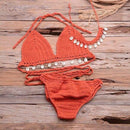 Shell Tassel Crochet Bikini. Visit iBuyXi.com for Online Shopping and Shop the Unique Selection, Women Shell Tassel Crochet Bikini, 2 PCS Set Bra, Top, Seashell Ankle Chain, sexy Thong Hollow-out, High Waist Lace Up Bikini, Swimwear, Summer, Beach.