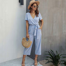 Short Sleeve Loose Striped Jumpsuit,Women trendy elegant style and wide leg ,Casual jumpsuit with ruffles sleeves, long romper, short sleeve pantsuit with belts, crew neck pant suits, cocktail jumpsuit, long pants, iBuyXi.com