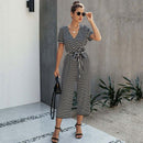 Short Sleeve Loose Striped Jumpsuit,Women trendy elegant style and wide leg ,Casual jumpsuit with ruffles sleeves, long romper, short sleeve pantsuit with belts, crew neck pant suits, cocktail jumpsuit, long pants, iBuyXi.com