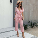 Short Sleeve Loose Striped Jumpsuit,Women trendy elegant style and wide leg ,Casual jumpsuit with ruffles sleeves, long romper, short sleeve pantsuit with belts, crew neck pant suits, cocktail jumpsuit, long pants, iBuyXi.com
