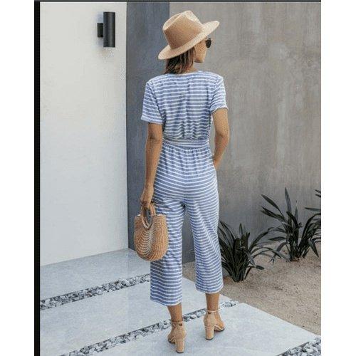 Short Sleeve Loose Striped Jumpsuit,Women trendy elegant style and wide leg ,Casual jumpsuit with ruffles sleeves, long romper, short sleeve pantsuit with belts, crew neck pant suits, cocktail jumpsuit, long pants, iBuyXi.com